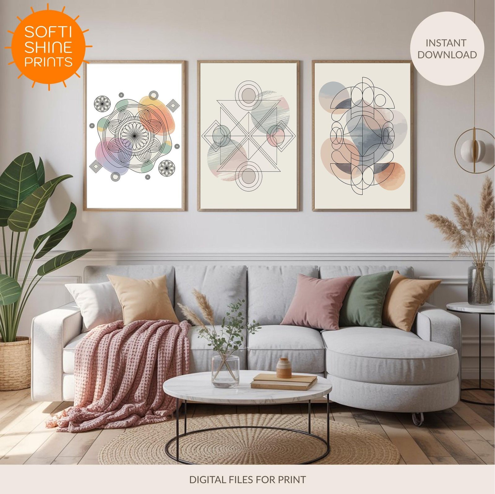 Abstract Geometric Harmony Wall Art Set - printable digital download by SoftiShinePrints