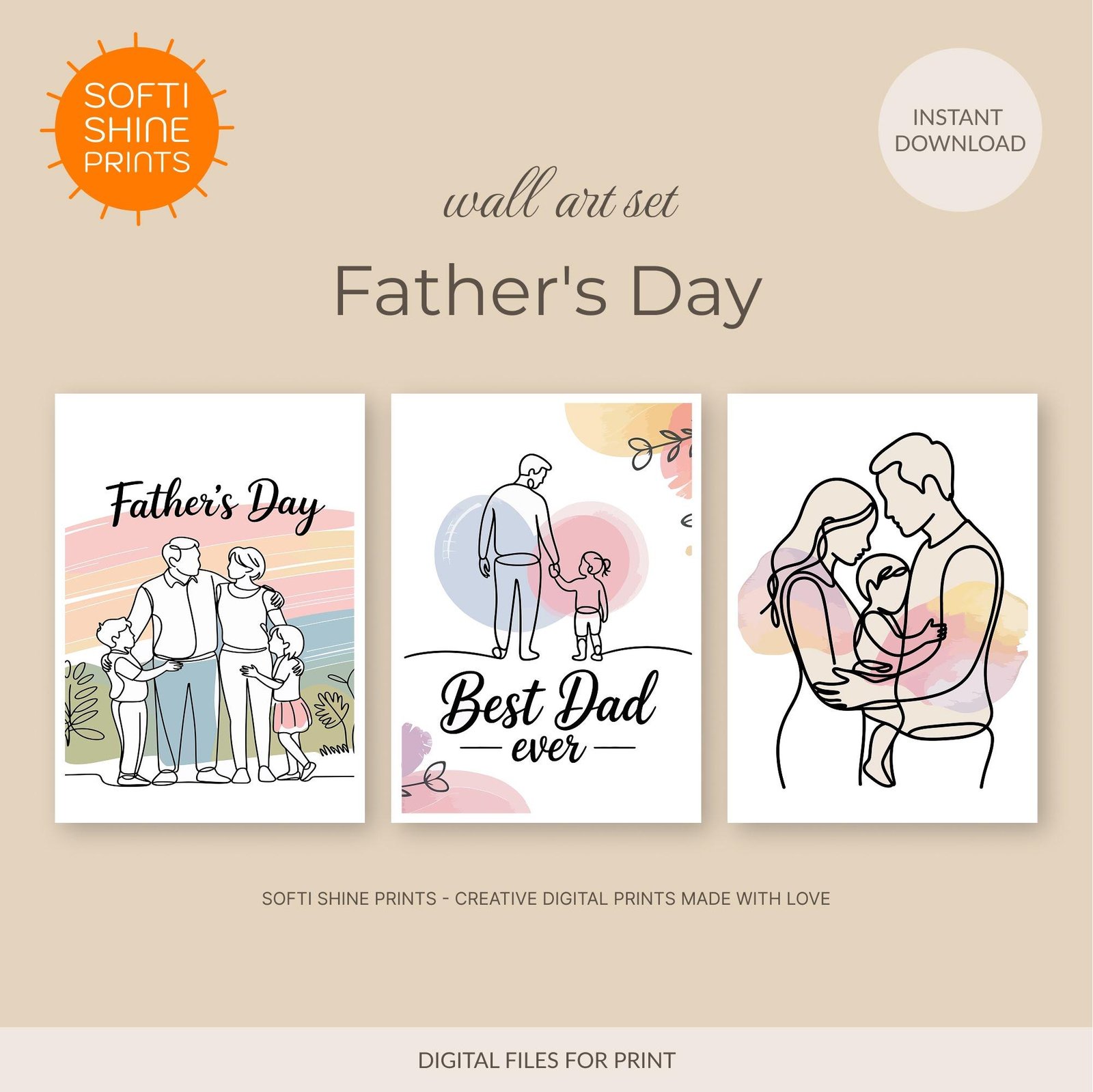 Father's Day Line Art Print Set: Minimalist Family Wall Decor (Digital Download) - printable digital download by SoftiShinePrints