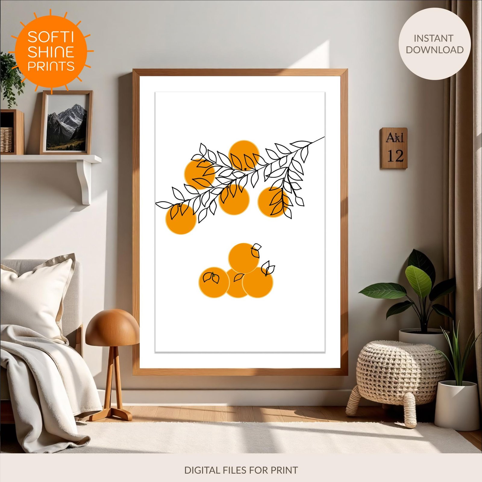 Minimalist fruit wall art with orange branch. - printable digital download by SoftiShinePrints