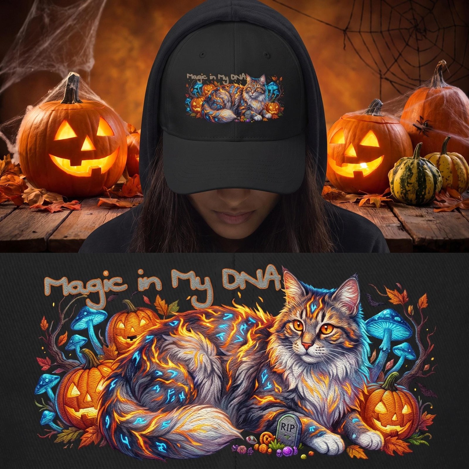 Halloween Cat Baseball Hat, Magic In My DNA Spooky Season Cap, Witchy Cat Lover Gift, Fall Aesthetic Cap - printable digital download by SoftiShinePrints