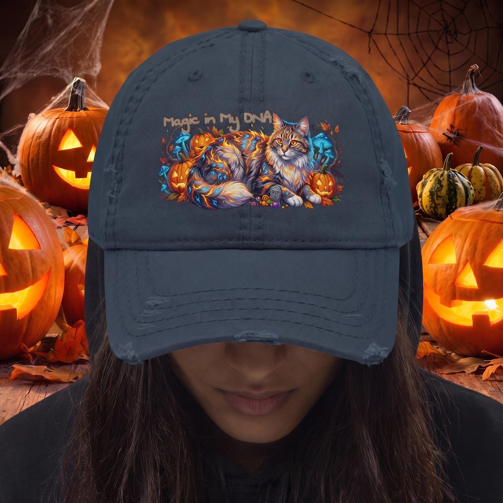 Halloween Cat Dad Hat, Magic In My DNA Spooky Season Cap, Witchy Cat Lover Gift, Distressed Fall Baseball Hat - printable digital download by SoftiShinePrints