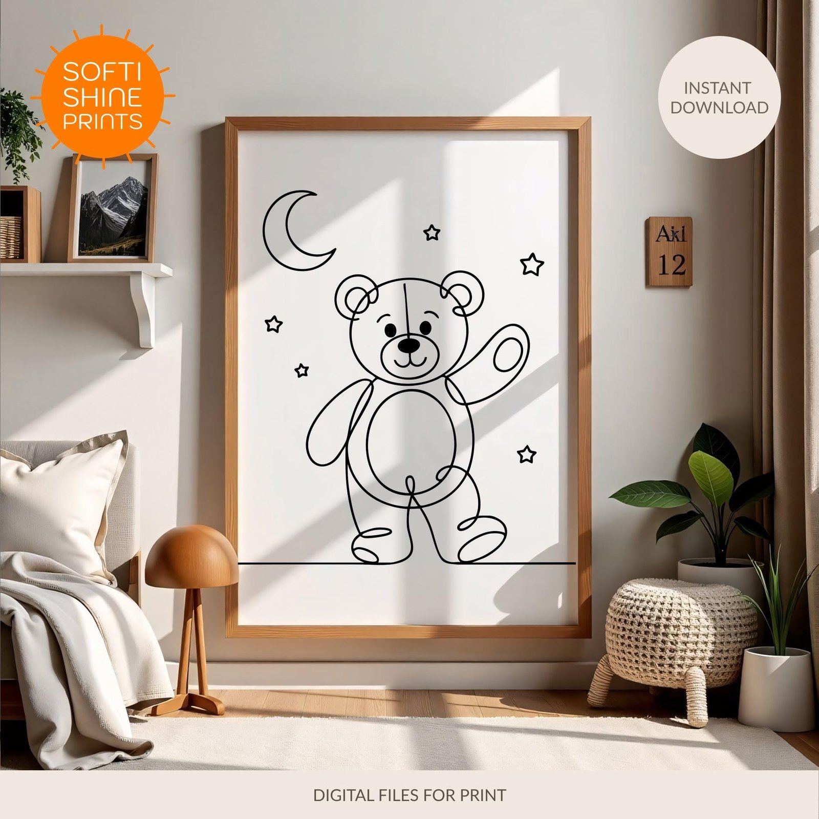Children's line drawing of a teddy bear for children's interior design wall art. - printable digital download by SoftiShinePrints
