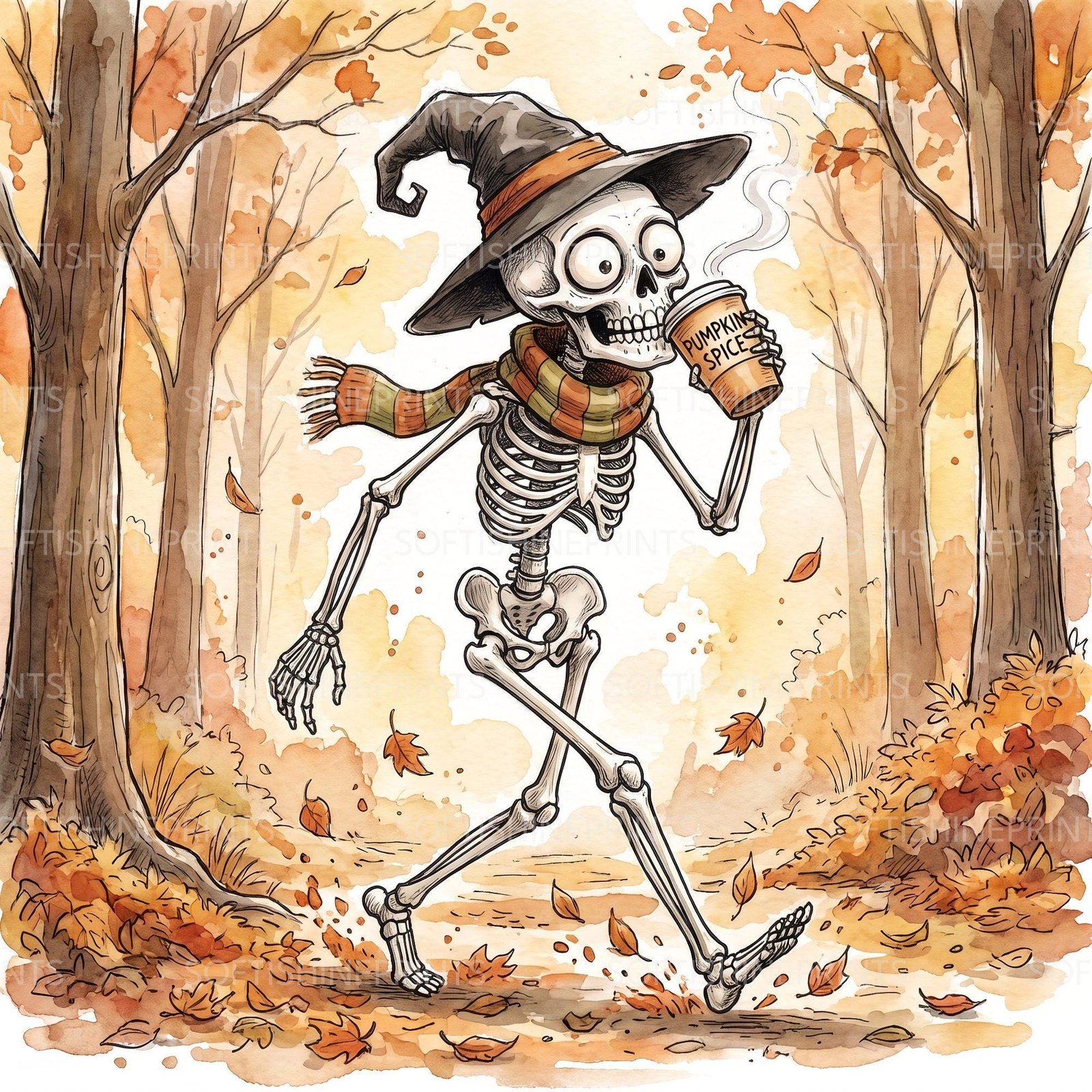 Autumn Skeleton Clipart, 26 Transparent PNG + 26 JPG, Fall Halloween Graphics, Pumpkin Spice Digital Download, Watercolor Skeleton Art - printable digital download by SoftiShinePrints