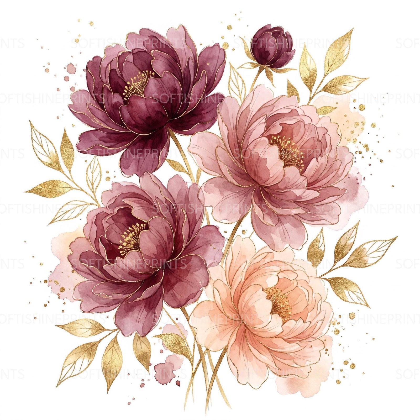 Watercolor Gold Floral Clipart, 24 Transparent PNG + 24 JPG, Botanical Digital Download, High Resolution 4K Flower Graphics for Invitations - printable digital download by SoftiShinePrints