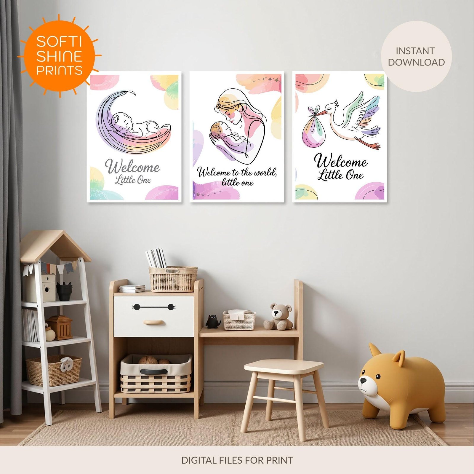 Children's wall art set Happy Newborn Baby - printable digital download by SoftiShinePrints